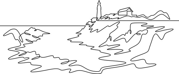 Continuous one line drawing lighthouse on a rocky cliff. Lighthouse on the seashore.One continuous line isolated minimal illustration.Not AI.