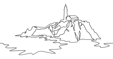 Continuous one line drawing lighthouse on a rocky cliff. Lighthouse on the seashore.One continuous line isolated minimal illustration.Not AI.