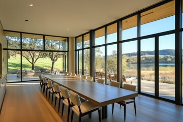 A bright and airy conference room with natural light, large windows, and a long table, ideal for meetings and brainstorming