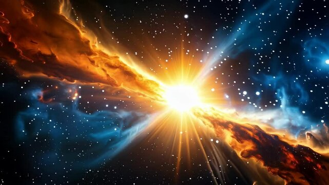 Brilliant celestial explosion with vibrant orange nebula and a blue starfield, revealing an intergalactic cosmic occurrence with radiant light