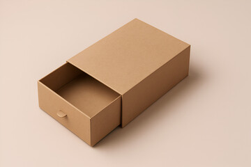 Cardboard product box with sliding drawer partially open, beige background, luxury gift packaging style, clean and commercial