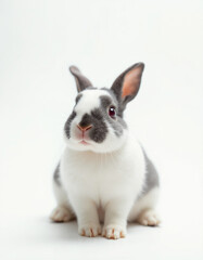 Obraz premium cute gray and white rabbit alone posing on white background