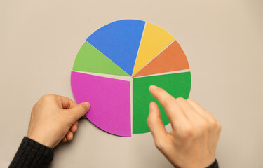 Hand selecting a segment on a colorful pie chart representing data analysis, investment portfolio allocation, and strategic financial planning