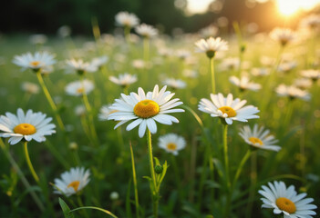 Spring meadow with blooming daisies, Beautiful nature and Wild flowers