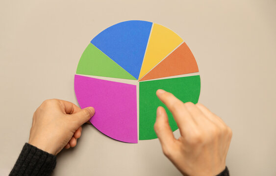 Hand selecting a segment on a colorful pie chart representing data analysis, investment portfolio allocation, and strategic financial planning