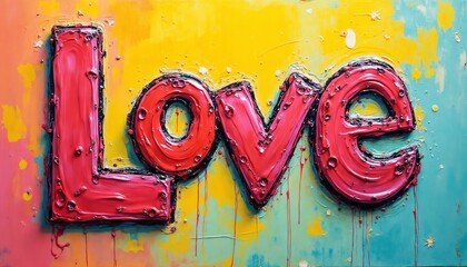the inscription Love made with paints multicolored and bright on an abstract background, illustration for Valentine's Day
