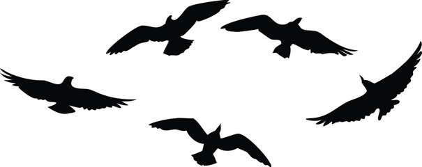 Obraz premium dark silhouette birds flying, monochrome minimalist bird illustration, vector graphic design birds, stark black and white bird silhouette art 