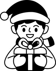 black and white illustration of a boy is holding a present