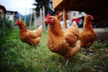 Chickens roaming freely in a green pasture near a rustic farmhouse in a mountain village setting during the daytime