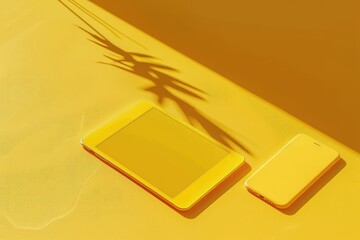 Pixel Perfect Image of a Yellow Table with a Yellow Tablet and Glasses on it
