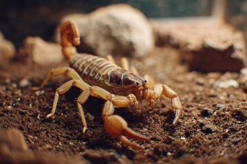 Yellow scorpion exploring its desert habitat on a warm afternoon
