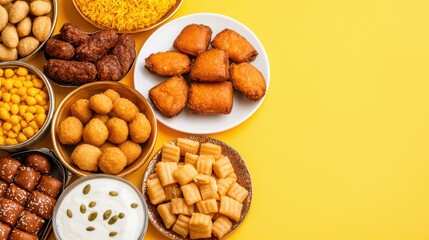 Fototapeta premium Assorted Delicious Snack Dishes on Bright Yellow Background for Festive Celebrations and Gatherings