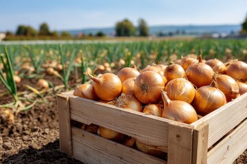 Wooden crate filled with freshly harvested onions, in an onion field on a sunny day, ready for market or storage.