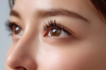 Obraz premium Close-up of a woman showcasing beautiful eyelashes and captivating brown eyes in a serene indoor environment during daylight