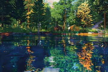 High Detail Picture of Water Reflections at Summer Camping Digital Art