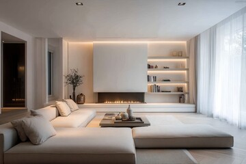 A contemporary living room with a fireplace, plush sofa, and herringbone wood floor, emphasizing warmth and style