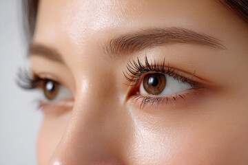Fototapeta premium Close-up view of beautiful brown eyes highlighting long eyelashes and smooth skin under soft lighting
