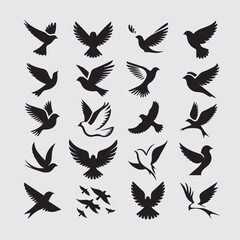 Minimal Flying Birds Silhouettes Vector Set, Clean Bird Shapes Collection