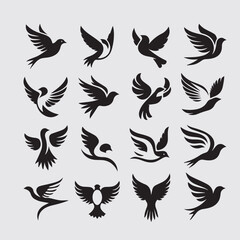 Minimal Flying Birds Silhouettes Vector Set, Clean Bird Shapes Collection