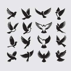 Minimal Flying Birds Silhouettes Vector Set, Clean Bird Shapes Collection
