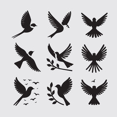 Minimal Flying Birds Silhouettes Vector Set, Clean Bird Shapes Collection