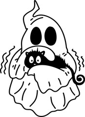 Hand drawn Halloween Groovy Ghost with Black cat Cartoon Outline