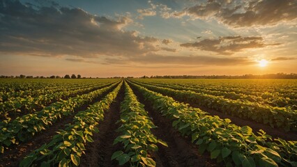Soybean field at sunset. Rows of young soybean plants stretch towards the horizon. Golden hour sun illuminates growing plants. Agriculture farming crop. Peaceful rural landscape.


