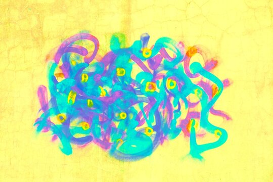 Vibrant abstract neon squiggle graffiti pattern in blue, pink, yellow on pastel background. Retro 90s style with funky, trippy vibe. Posters, wallpapers, digital art, modern 90s, Y2K creative banner