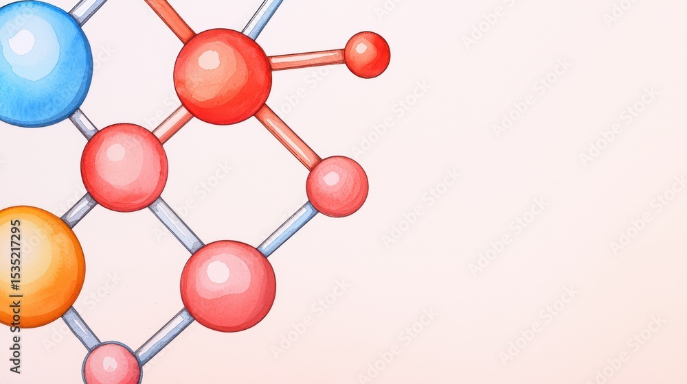 Poster abstract molecular structure illustration with colorful atoms and bonds on a soft pink background fo