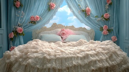 Romantic Ruffled Bed, Floral Canopy