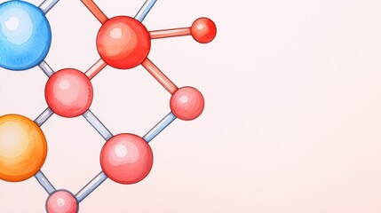 Abstract Molecular Structure Illustration with Colorful Atoms and Bonds on a Soft Pink Background for Science Themes