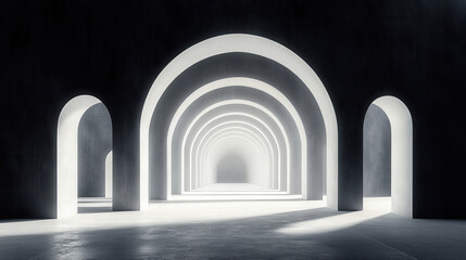 High contrast black and white archway leading into depth, modern abstract style