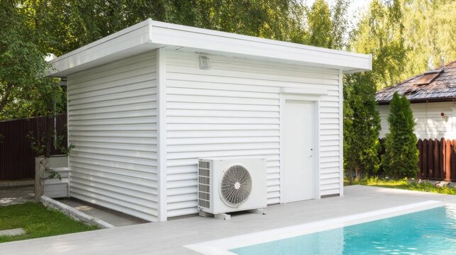 Small white shed with horizontal siding near a clear blue swimming pool, wooden deck, air-conditioning unit, lush green trees, wooden fence, and shingled roof structure in a serene backyard setting.