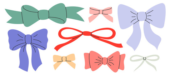 Cute bow set. Fashionable various bows, gift ribbons. Bowknots for gift wrapping. Hair accessory. Hand drawn flat vector illustration isolated on white background