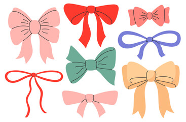Cute bow set. Fashionable various bows, gift ribbons. Bowknots for gift wrapping. Hair accessory. Hand drawn flat vector illustration isolated on white background