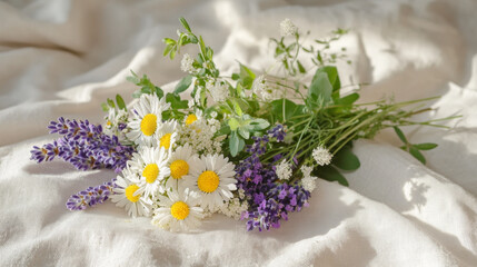 Fresh Chamomile and Lavender Bouquet on Soft Fabric