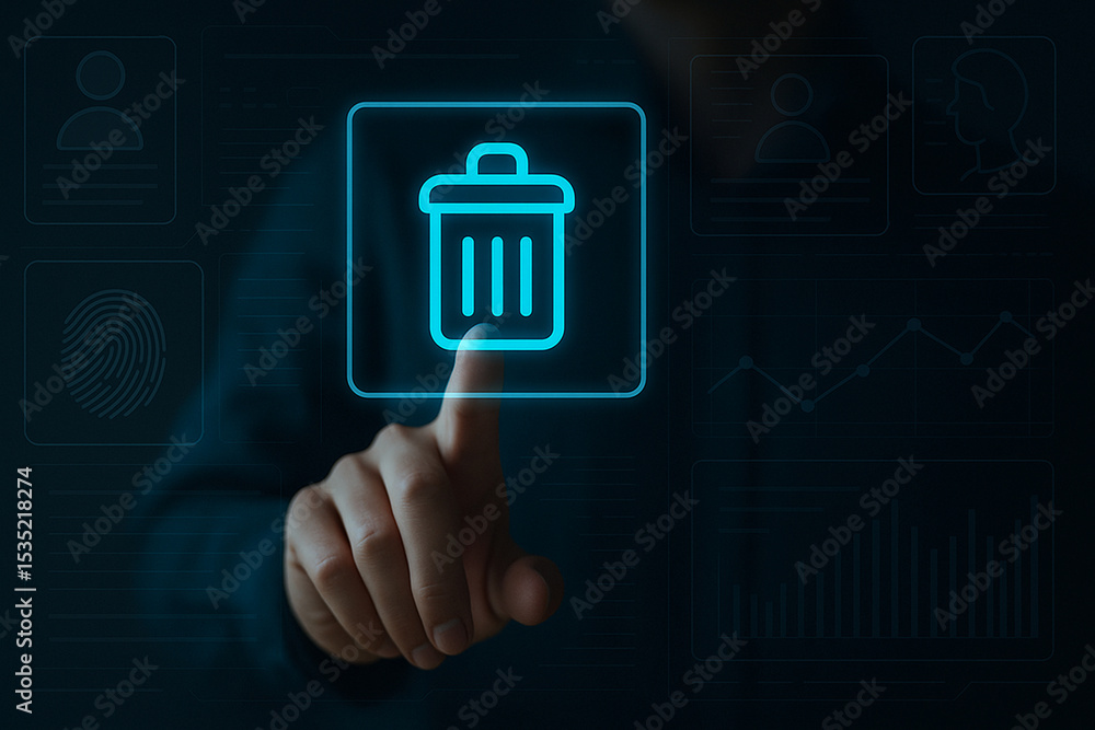 Poster futuristic digital delete icon with hand touch interface, virtual data management, biometric securit