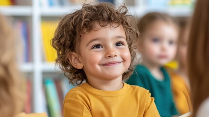 Obraz premium Joyful young child with curly hair smiling in a classroom setting surrounded by peers engaged in learning activities
