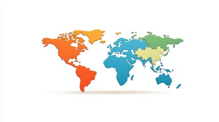 Obraz premium Colorful Puzzle Map of the World with Distinct Regions Represented in Vibrant Orange, Blue, Green, and Yellow Tones