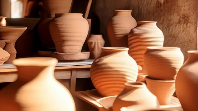 Collection of handcrafted terracotta pottery vessels, vases, and earthenware in various sizes and shapes displayed in pottery workshop