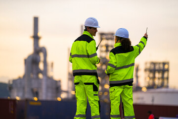 Two safety engineers in high-visibility suits inspect a tablet at a refinery site during sunset. Industrial plant towers rise in the background, creating a contrast with the warm sky.
