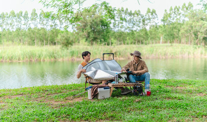 Friends Planning by the Lakeside Camp