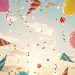 Colorful Party Celebration with Balloons and Confetti in the Sky

