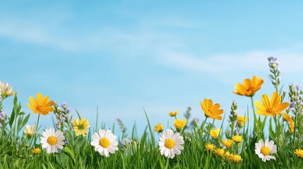 Fototapeta premium Vibrant Meadow with Colorful Wildflowers Under Clear Blue Sky on a Bright Sunny Day