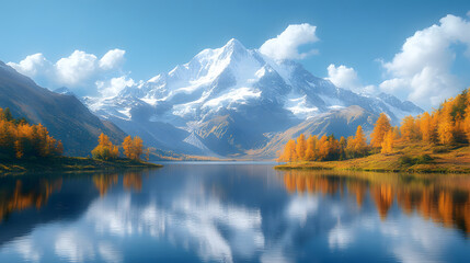 Obraz premium Snow-Capped Mountains Reflected in a Calm Lake Surrounded by Autumn Trees