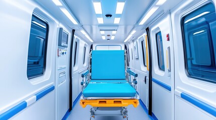 Modern Emergency Ambulance Interior Featuring Empty Stretcher and Bright Lighting for Medical Transport and Emergency Services