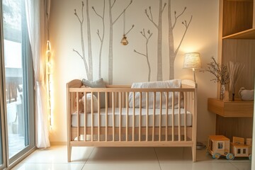 A cozy baby room with nature-inspired decor and a warm, inviting atmosphere