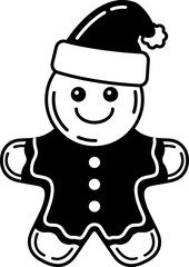 black and white illustration of gingerbread man wearing an elf costumes