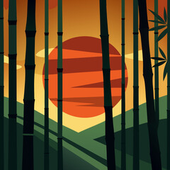 vector illustration bamboo forest with glowing layered sunset behind 