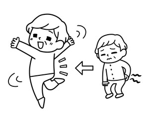 Fototapeta premium 腰痛に苦しむ中年女性と、改善して笑顔で喜ぶビフォーアフター（モノクロ）